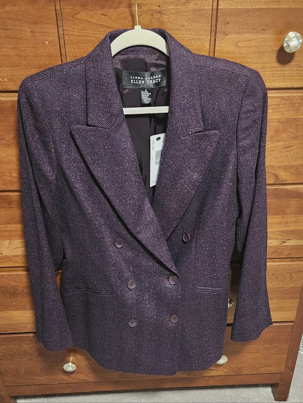 Linda Allard Ellen Tracy Vintage Wool Blend Herringbone Blazer Eggplant Purple